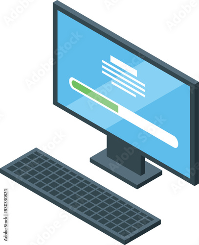 Isometric computer monitor displaying software update progress bar installing