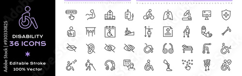 Disabled people icon set, vector illustration on white background. Disability line icons - editable stroke.