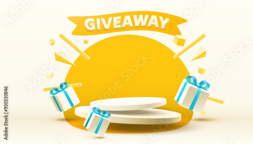 Giveaway podium, shop mega discount, special promo frame. Vector illustration