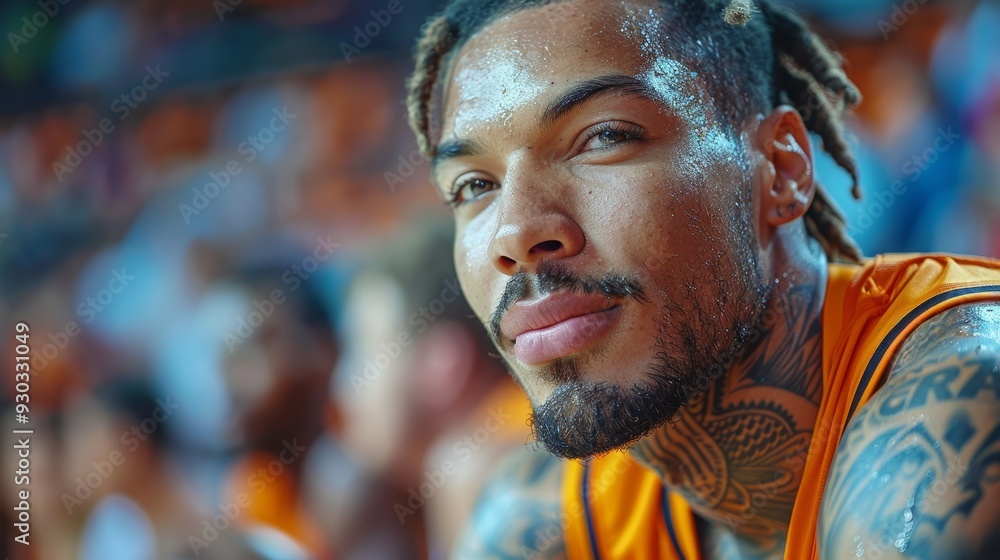 A focused basketball player sitting on the bench during a vibrant game in an indoor arena A focused basketball player sitting on the bench during a vibrant game in an indoor arena