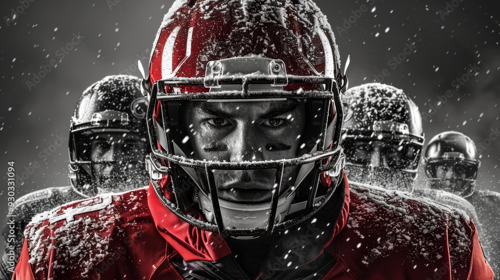 Fototapeta premium Football players in a dramatic snowy setting preparing for a game at night