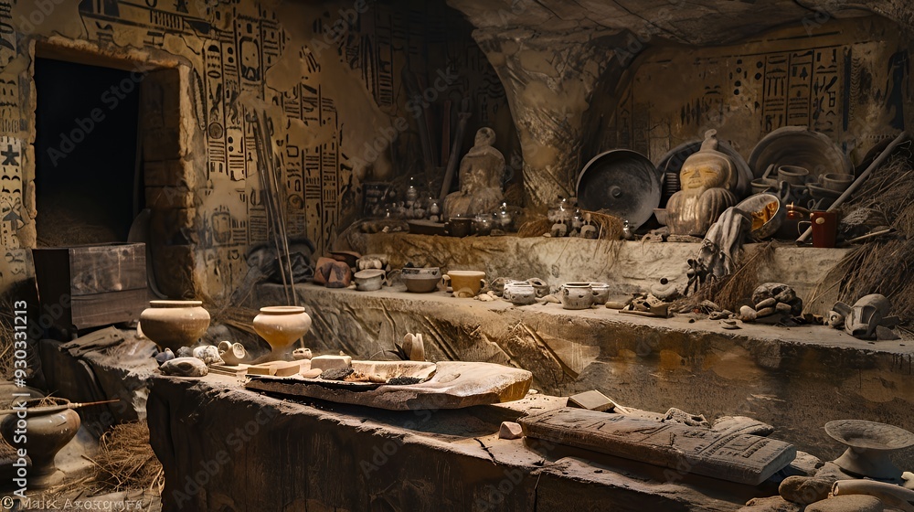 A historical cave filled with ancient artifacts, pottery, and inscriptions. A historical cave filled with ancient artifacts, pottery, and inscriptions.
