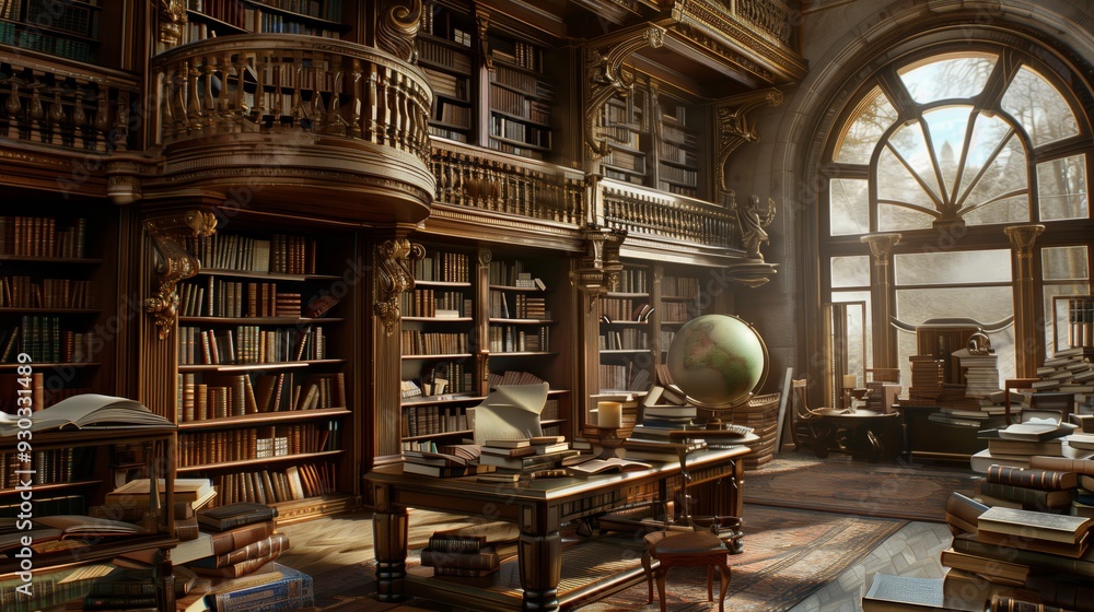 Obraz premium World of Knowledge: A Library with Globe