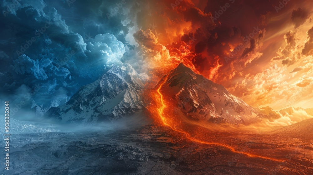 Fototapeta premium Dramatic landscape of dual elements with ice and fire at mountain range during sunset