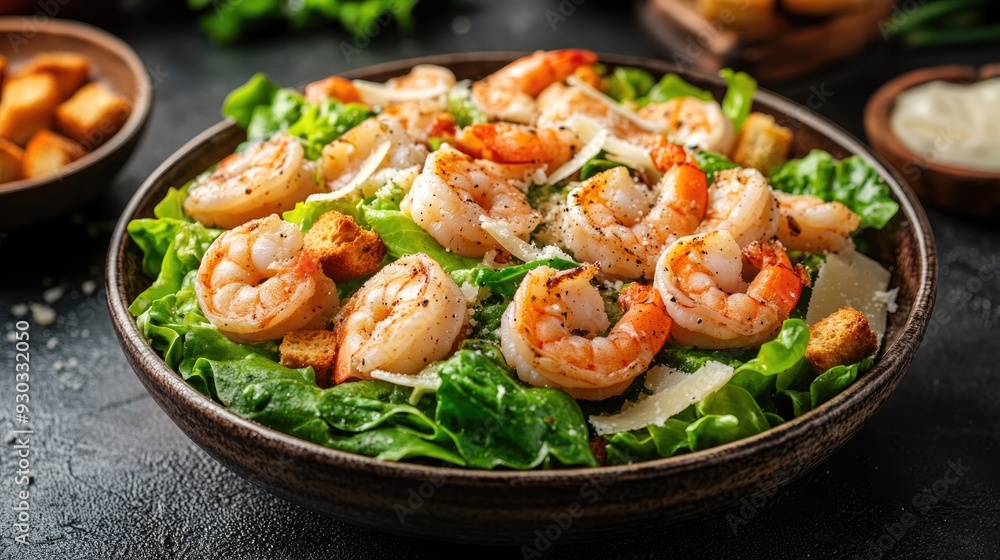 shrimp salad with croutons and Caesar dressing in a bowl shrimp salad with croutons and Caesar dressing in a bowl