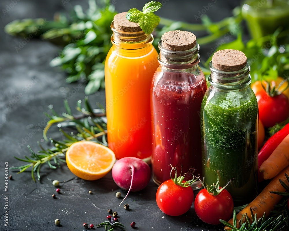 Vibrant and Nutrient Rich Vegetable and Fruit Juice Blends in Glass Jars Vibrant and Nutrient Rich Vegetable and Fruit Juice Blends in Glass Jars