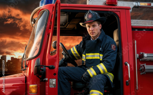 A firefighter sits in a fire truck, ready for emergencies