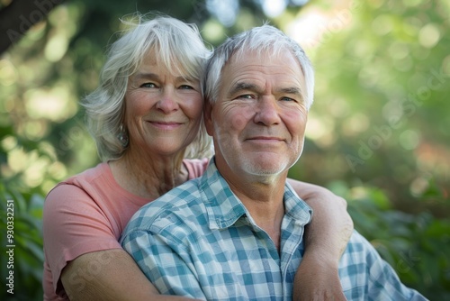 Smiling Elderly Couple Embracing Outdoors