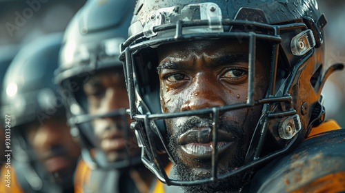 Close-up of a football player in a helmet during a game at a bustling stadium in the afternoon