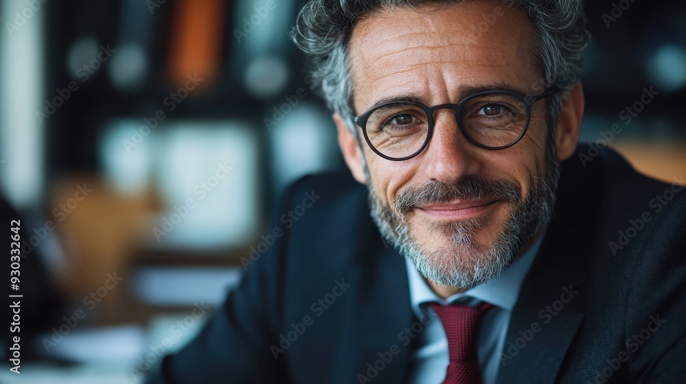 A confident businessman with glasses and beard, dressed in a suit, smiling warmly. His professional attire highlights his genial and successful personality. A confident businessman with glasses and beard, dressed in a suit, smiling warmly. His professional attire highlights his genial and successful personality.