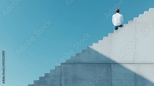 This image portrays a man sitting halfway down a large, concrete staircase with a clear blue sky above, eliciting feelings of solitude and contemplation on his journey ascent. photo