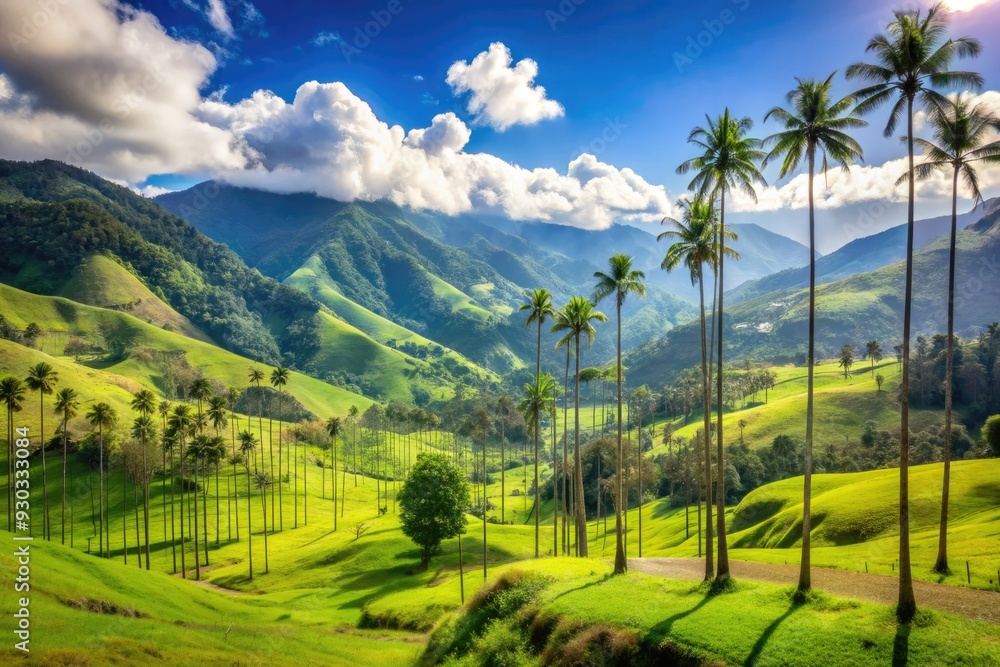 Φωτογραφία Majestic Cocora Valley in Salento, Quindío, Colombia, boasts lush green hills, meandering rivers, and towering palm trees under a bright blue sky