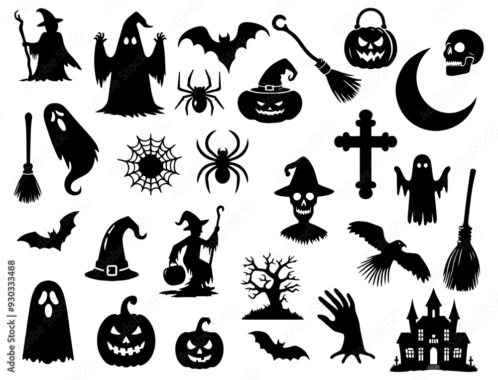 Fototapeta premium Vector illustration. Giant set of black silhouettes for Halloween.