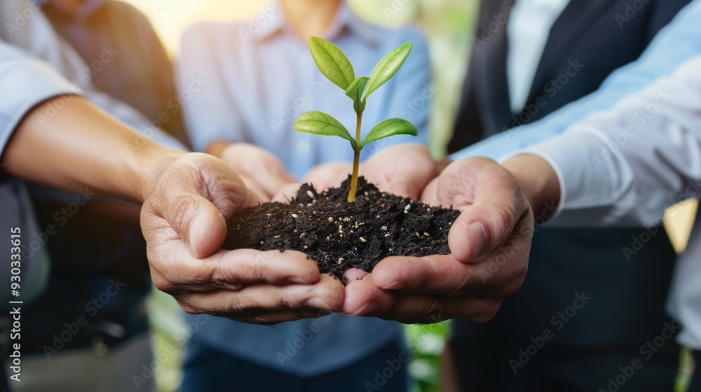 Hands holding soil with a small plant, symbolizing growth and environmental care. Hands holding soil with a small plant, symbolizing growth and environmental care.