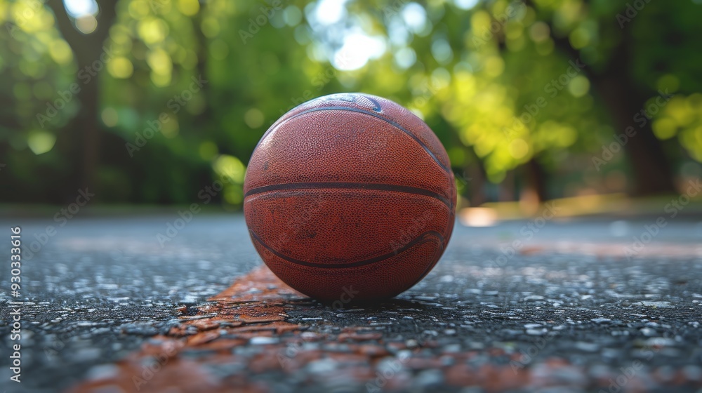 A basketball rests on a quiet street surrounded by lush greenery in the late afternoon light A basketball rests on a quiet street surrounded by lush greenery in the late afternoon light
