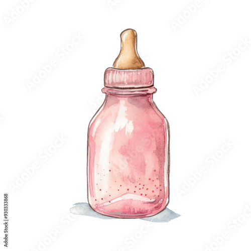 Pink baby bottle watercolor illustration