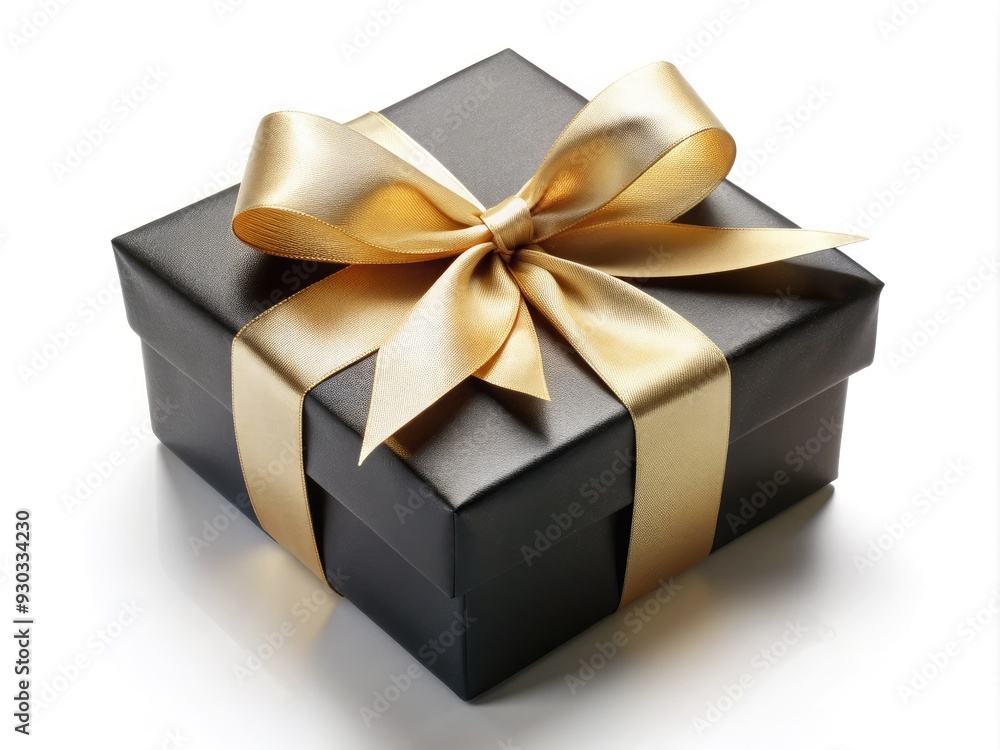 Elegant black gift box adorned with a luxurious champagne gold ribbon bow, set against a pristine white background, perfect for luxury and celebration themes. Elegant black gift box adorned with a luxurious champagne gold ribbon bow, set against a pristine white background, perfect for luxury and celebration themes.