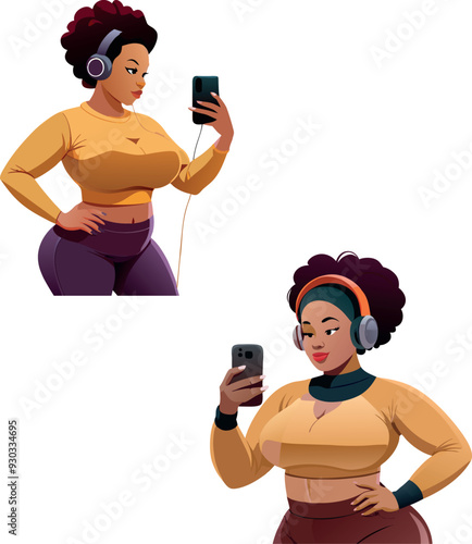 Beautiful plus size black woman wearing headphones listening to music and using smartphone