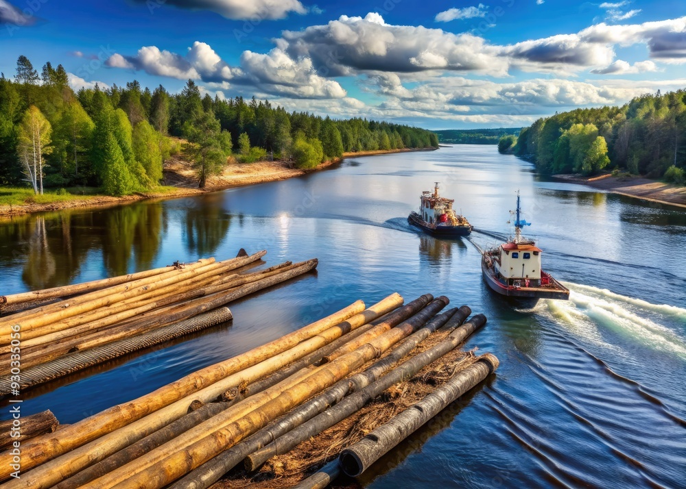 Obraz premium Serene Finnish river scape with tethered raw logs floating downstream, accompanied by a tugboat pulling a massive log boom, symbolizing the timber industry's mighty haul.