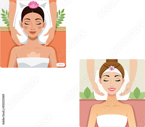 Woman enjoying a relaxing head massage by a beautician in a spa salon
