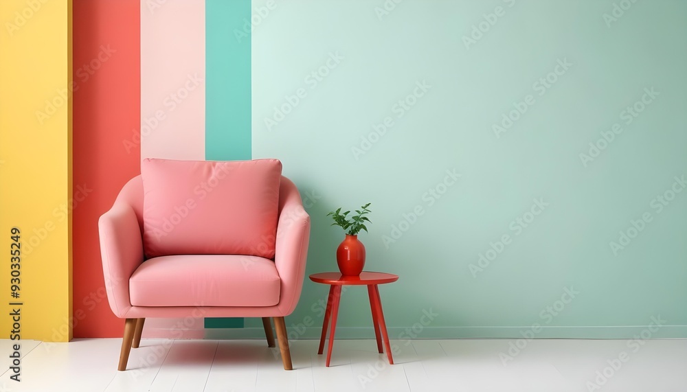 Fototapeta premium A pink sofa and a small red side table in a minimalist room with pastel green walls.
