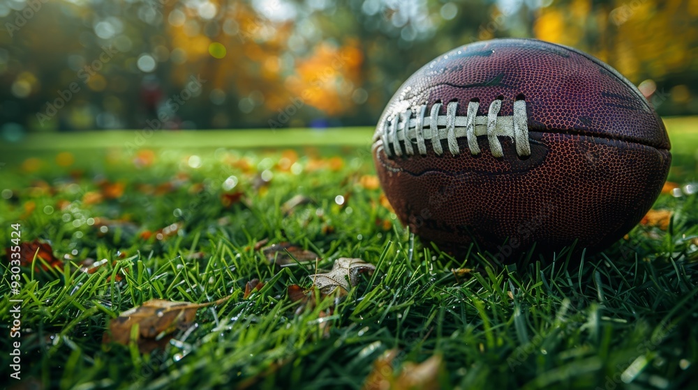 Autumn football resting on grass with fallen leaves under a bright sky in a park during afternoon hours Autumn football resting on grass with fallen leaves under a bright sky in a park during afternoon hours