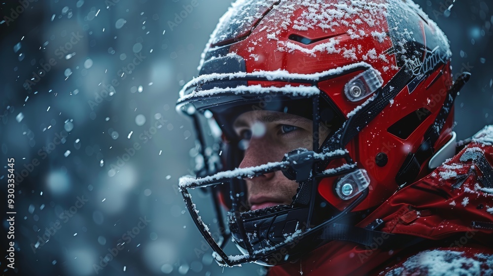 Fototapeta premium Player in red football gear stands in a snowy landscape, focused on the upcoming play during a winter practice session