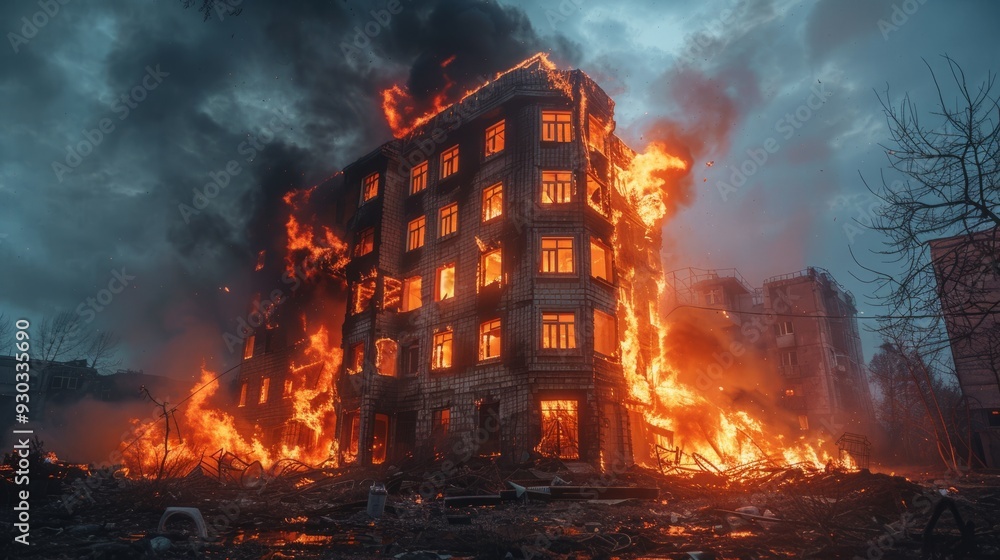 Building engulfed in flames during a dramatic sunset in a war-torn area Building engulfed in flames during a dramatic sunset in a war-torn area