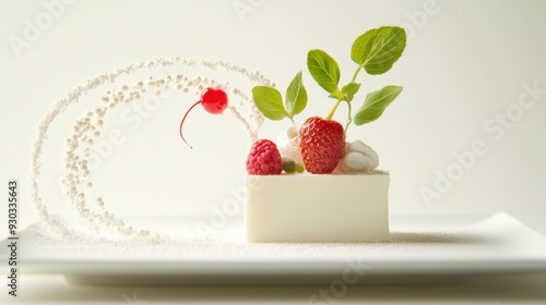 A creative illustration of a plate of desserts presented in a unique and eye catching manner, highlighting the artistry and innovation of the chef.