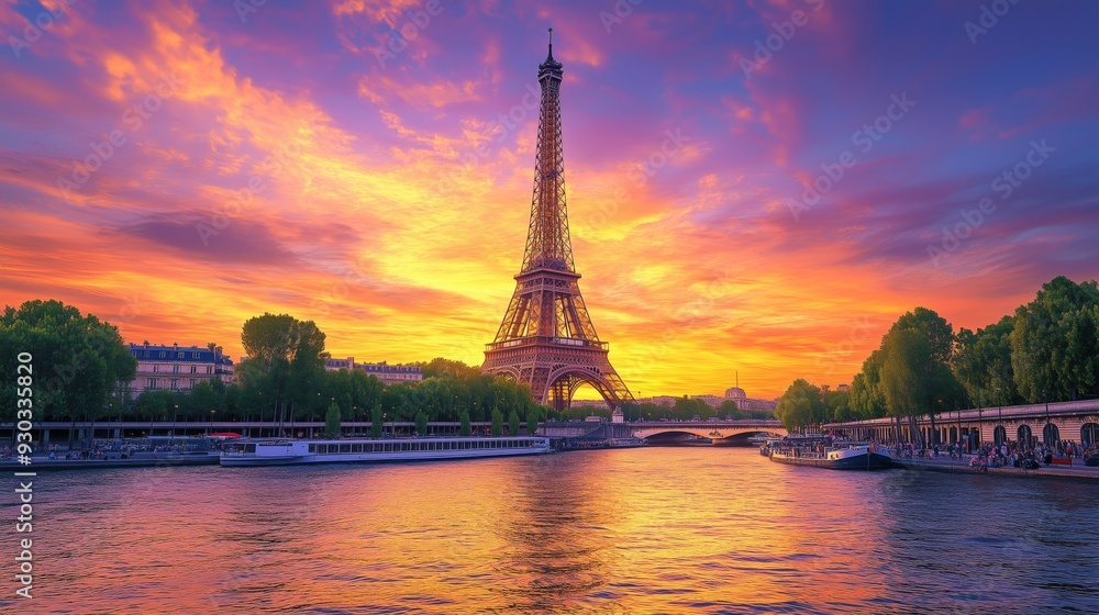 Fototapeta premium A vibrant sunset casts hues on the Eiffel Tower, as lively streets and the Seine mirror the scene.