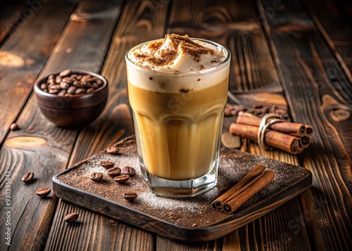 Frothy iced coffee with creamy texture and ice cubes in a clear glass, garnished with a sprinkle of cocoa powder, on a rustic wooden table. photo