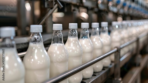 Bottles of milk on a production line in a factory setting.