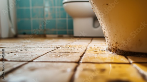 A close up view of dirty bathroom floor, highlighting grime and dust near bathtub, evoking sense of neglect and uncleanliness.  photo