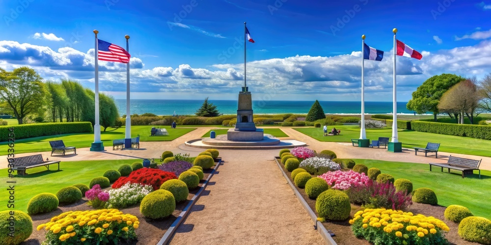 Obraz premium Vibrant spring scenery surrounds the Utah Beach D-Day Landing Memorial in Sainte-Marie-du-Mont, France, featuring historic plaques, monuments, and museum amidst blooming flowers and lush greenery.