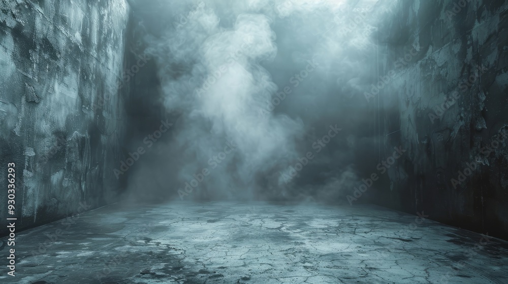 Foggy atmosphere in a dimly lit, concrete space with cracked flooring Foggy atmosphere in a dimly lit, concrete space with cracked flooring