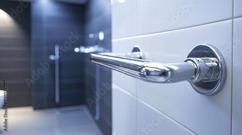 A modern bathroom featuring chrome grab bar, conveying sense of safety and accessibility. sleek design and contrasting tiles create contemporary atmosphere. 