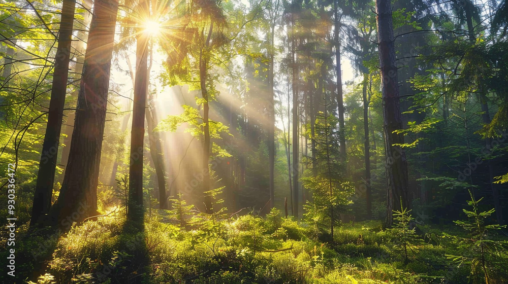 Obraz premium a high quality image of a close view of the serene beauty of a dense forest, with sunlight filtering through the tall trees and illuminating the forest floor.