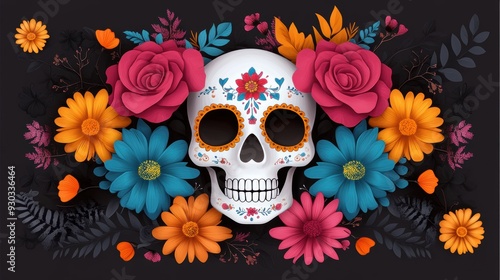 A detailed illustration of a Mexican Day of the Dead skull, adorned with flowers and colorful patterns, celebrating the vibrant traditions of Mexican culture.