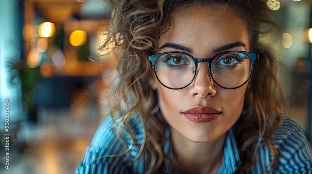 Closeup of eyeglasses on office table or desk, blurred businesswoman in the background. Copy space, employee workplace, technology occupation, indoors Closeup of eyeglasses on office table or desk, blurred businesswoman in the background. Copy space, employee workplace, technology occupation, indoors