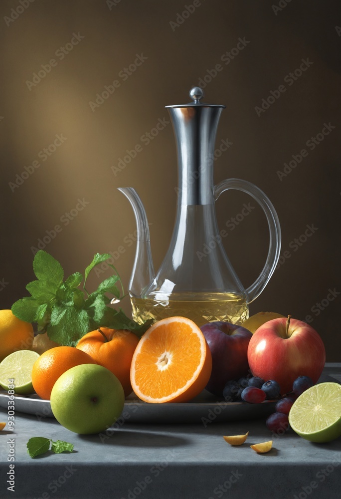 Fruit bowl with silver pitcher