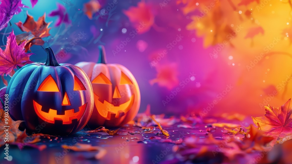 Fototapeta premium Two glowing jack o lanterns with autumn leaves, evoking festive Halloween spirit. vibrant colors create joyful atmosphere.