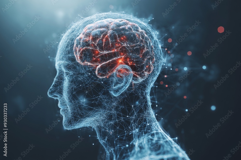 Futuristic profile of a human with a glowing brain symbolizing the merging of biology and technology set against a cool digital background highlighting advanced neural connections Futuristic profile of a human with a glowing brain symbolizing the merging of biology and technology set against a cool digital background highlighting advanced neural connections