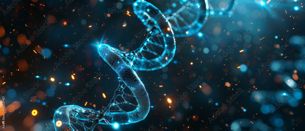 Obraz premium A glowing DNA double helix structure surrounded by particles, symbolizing life and genetics. image conveys sense of wonder and scientific exploration.