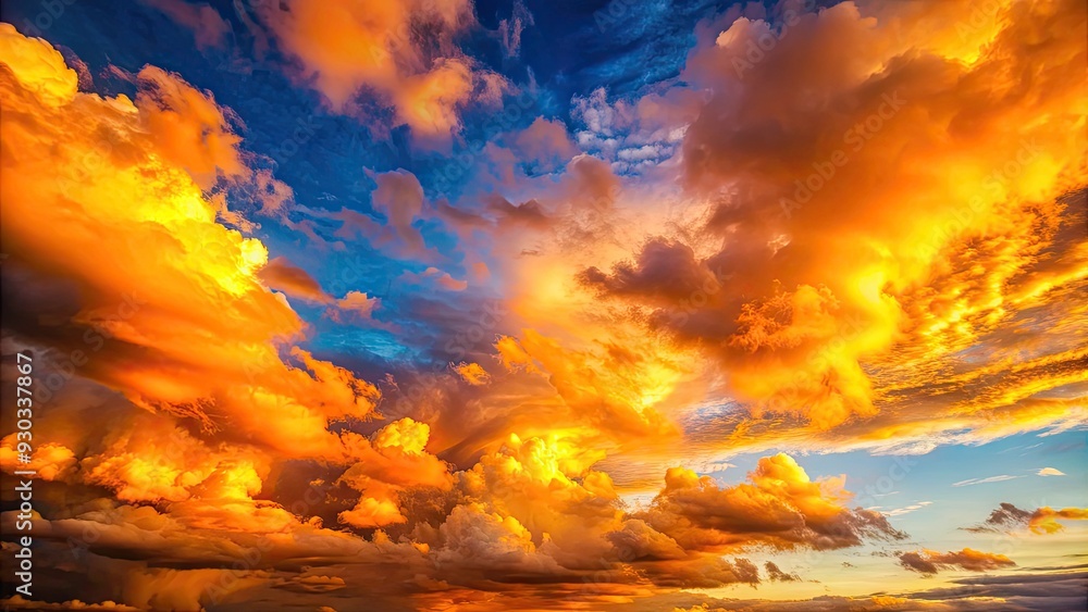 Vibrant orange-gold clouds gradate to soft pink, set against a bright blue sky with warm sunlight, perfect for twilight or evening landscape backgrounds. Vibrant orange-gold clouds gradate to soft pink, set against a bright blue sky with warm sunlight, perfect for twilight or evening landscape backgrounds.