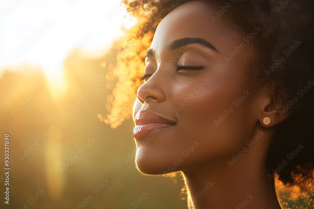Serene woman with her eyes closed basking in the golden light of sunset symbolizing peace tranquility and a deep connection with nature captured in a moment of introspective calm Serene woman with her eyes closed basking in the golden light of sunset symbolizing peace tranquility and a deep connection with nature captured in a moment of introspective calm