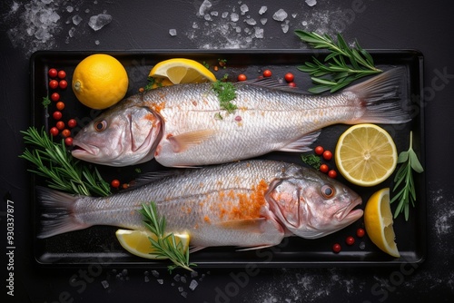 photo top view fresh fish slices with lemon on dark background seafood health meat color water food dinner photo