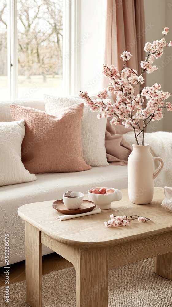 The cozy living room showcases a white sofa adorned with textured cushions and a knitted throw, complemented by a wooden coffee table topped with a potted plant The cozy living room showcases a white sofa adorned with textured cushions and a knitted throw, complemented by a wooden coffee table topped with a potted plant