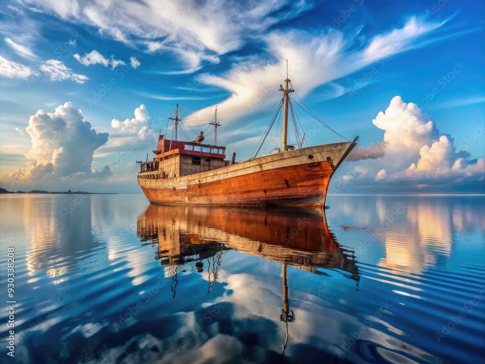 Naklejka premium Rusty old wooden cargo ship navigates through calm waters of Bengkalis Strait in Indonesia, showcasing traditional maritime trade and rich cultural heritage.