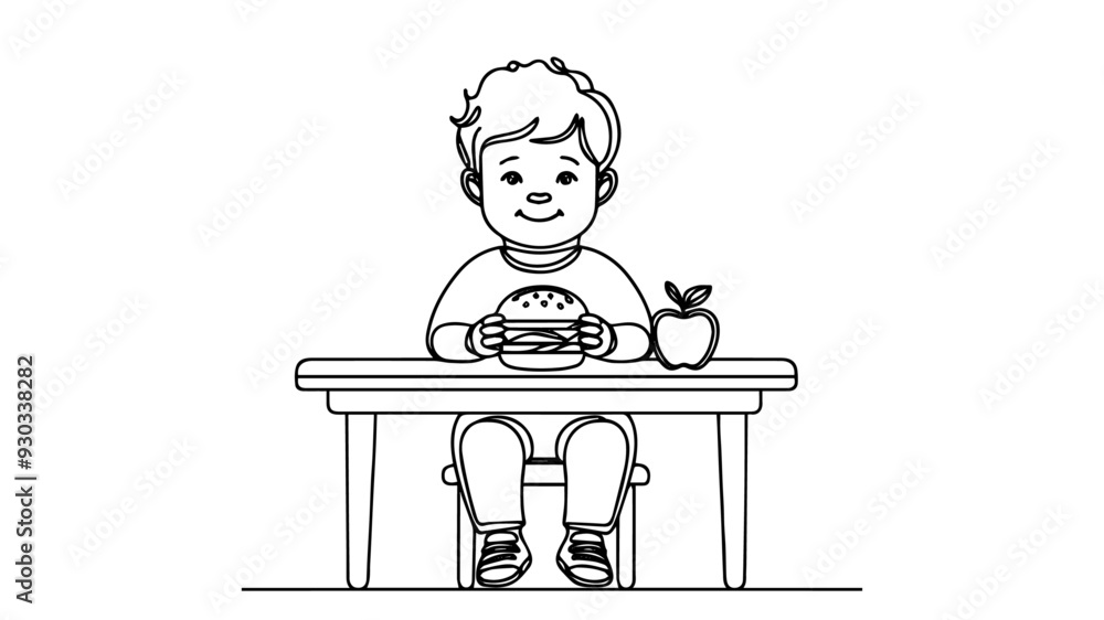 Cute little toddler boy healthy food vs fast food choice one line drawing Cute little toddler boy healthy food vs fast food choice one line drawing
