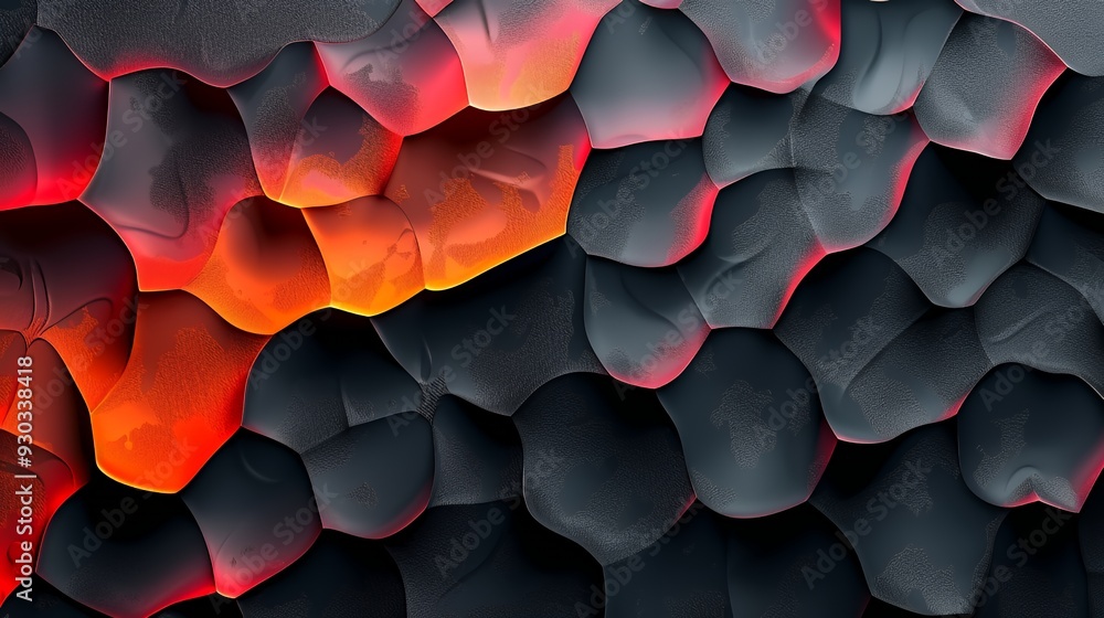 Fototapeta premium Abstract 3D illustration of dark grey scale texture glowing with fiery orange and red volcanic light from underneath the cracks.